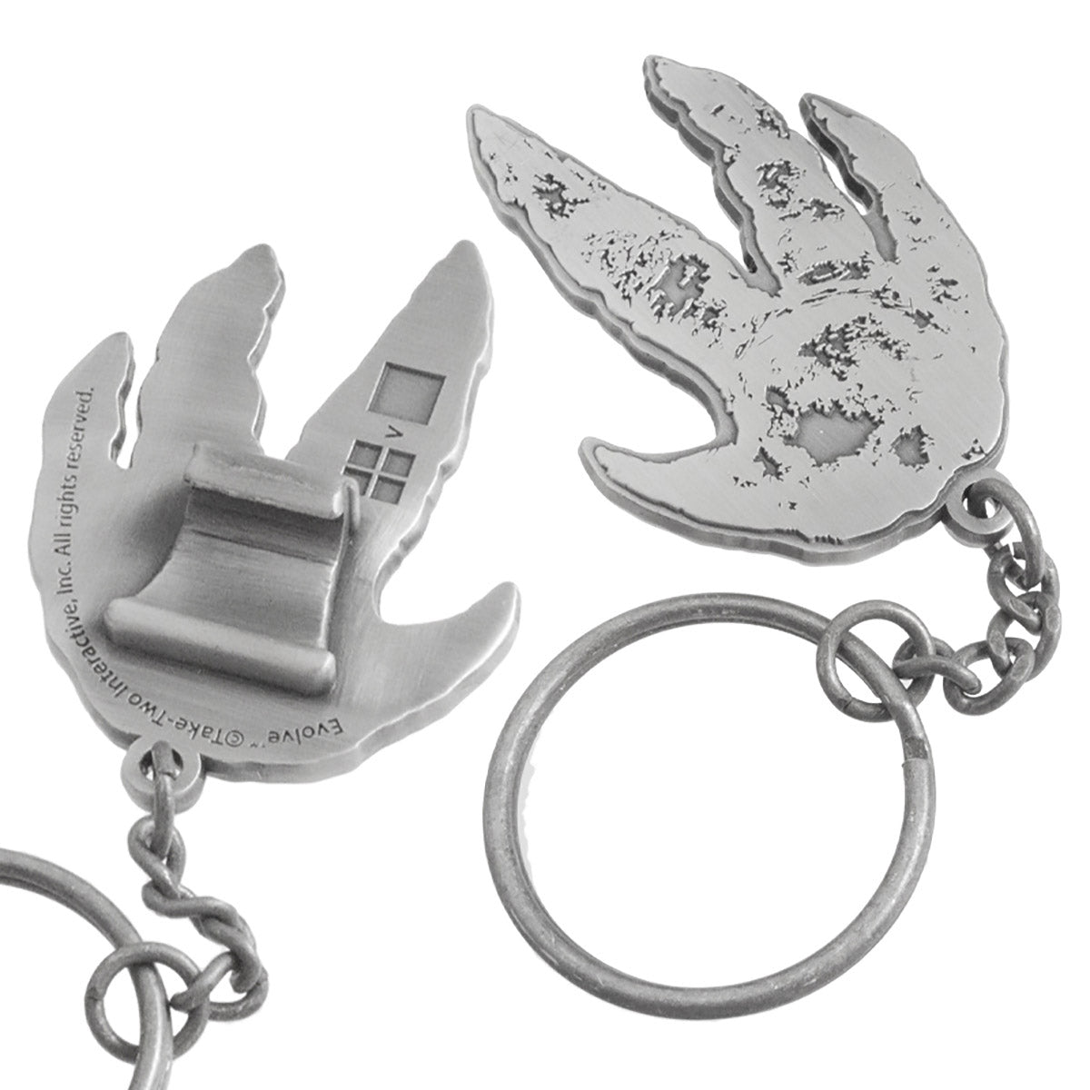 Close up of custom shaped claw style bottle opener. Bottle opener is shaped like a dinosaur foot print. On the back is the claw style hook.