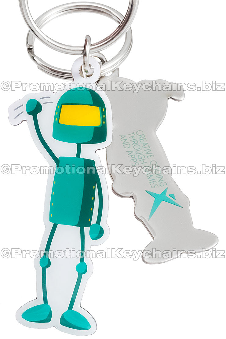 Both sides of a stainless steel keychain with a colorful teal robot waving its hand on the front and related branding printed on the back.