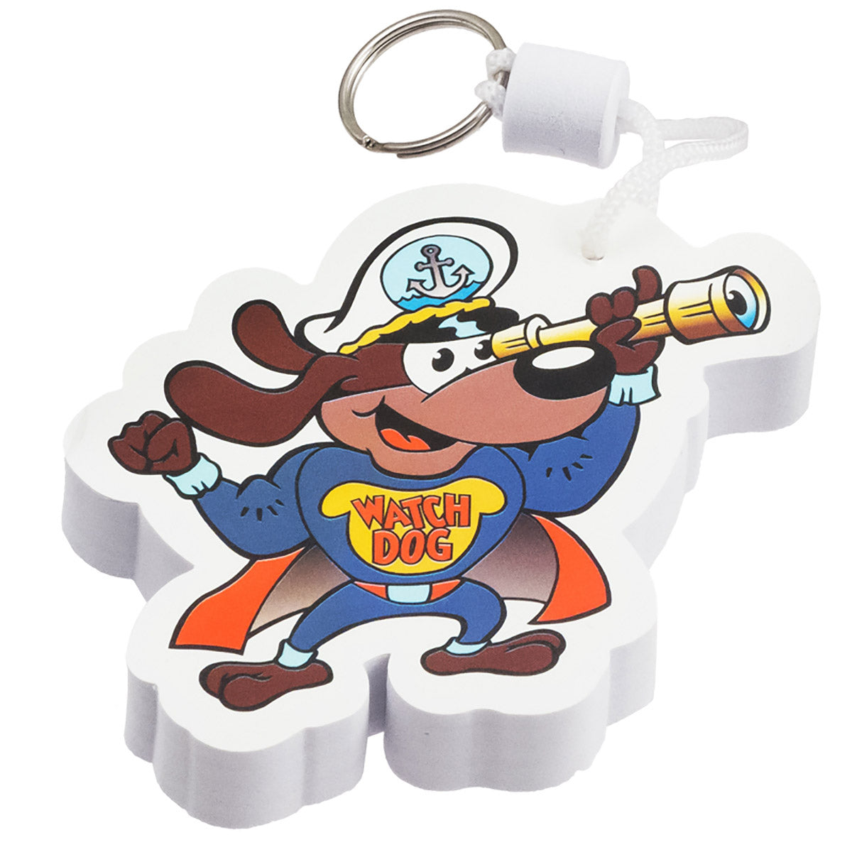 A full color foam floating keychain featuring a cartoon dog in a captain's hat and superhero cape, holding a telescope, labeled "WATCH DOG."
