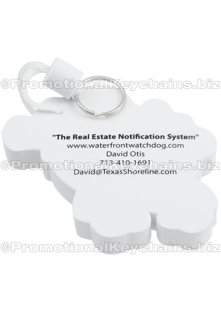 The back of a foam floating keychain with contact information for Waterfront Watchdog printed in black.