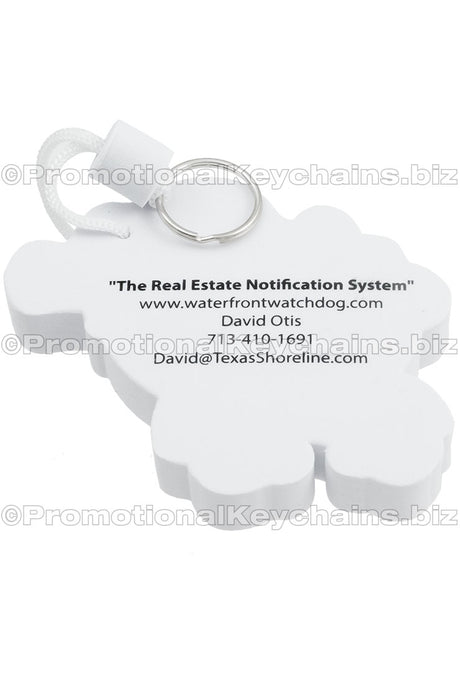 The back of a foam floating keychain with contact information for Waterfront Watchdog printed in black.