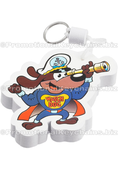 A full color foam floating keychain featuring a cartoon dog in a captain's hat and superhero cape, holding a telescope, labeled "WATCH DOG."