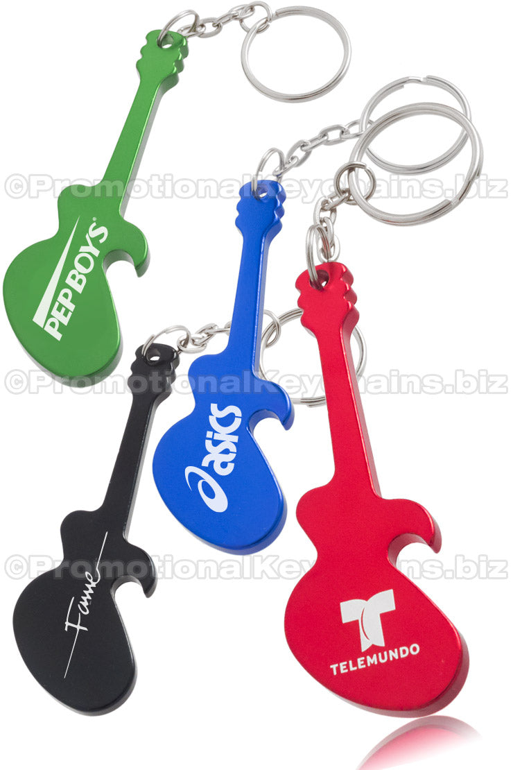 Image shows four Electric Guitar Shaped Promotional Bottle Opener keychains. They have engravings showing custom branding. Colors of bottle openers green, black, royal blue and red.