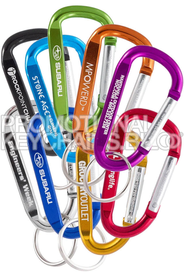 Set of colorful carabiners with various brands on a white background