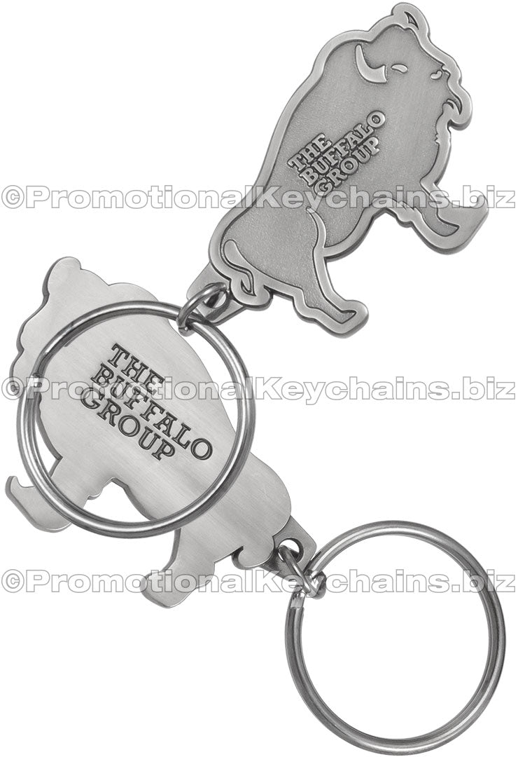 Example is of a buffalo shaped custom bottle opener keychain. Bottle opener hook is between the head and front leg.