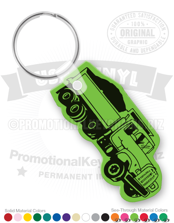 Close up of a dump truck keychain, carrying a load in it's bed.