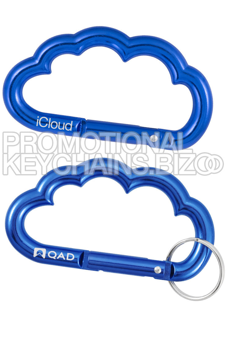 Two blue cloud-shaped carabiners with attached key rings, one closed and the other open, against a white background.