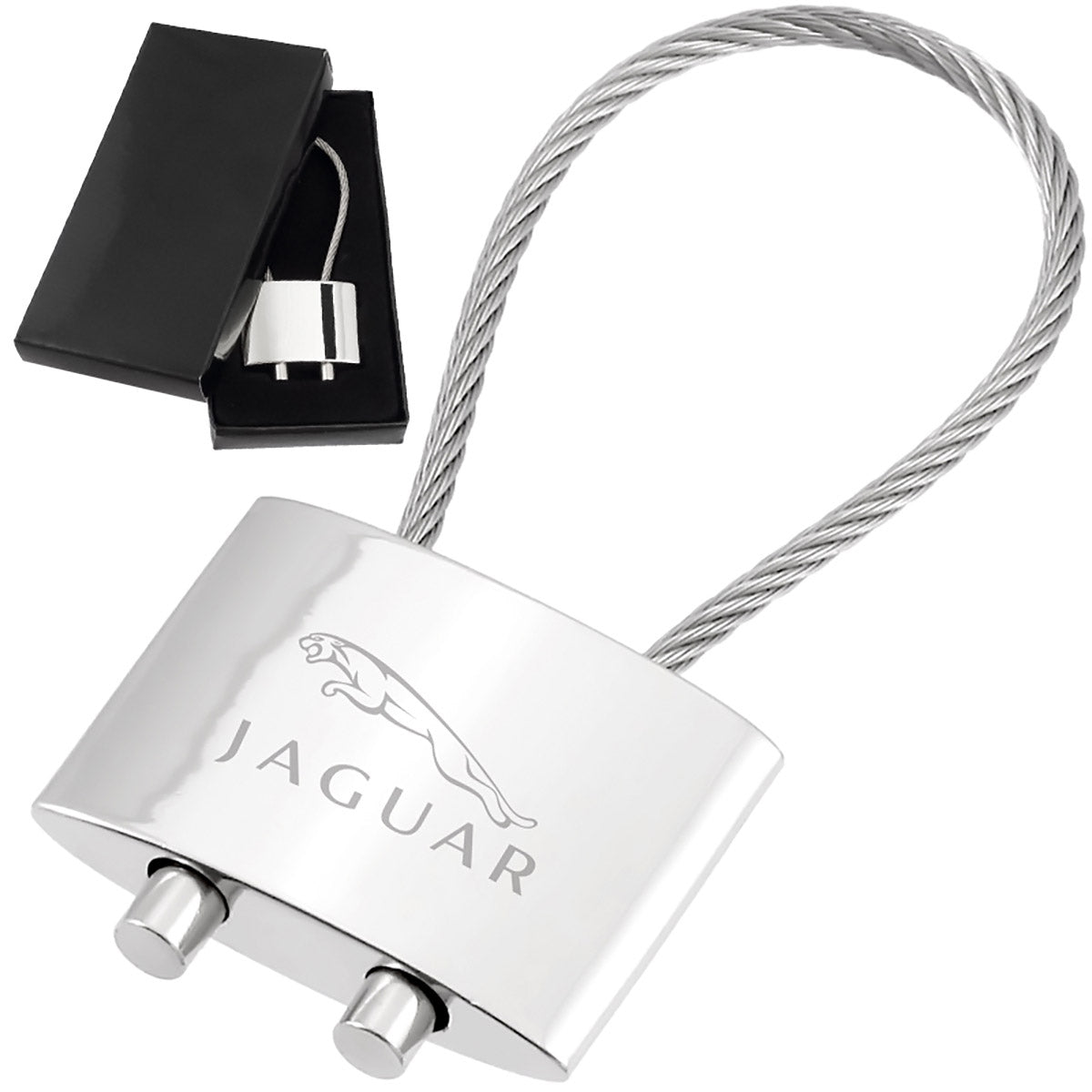 There are two images. On the left, a polished metal cable keychain displayed in a black gift box. On the right is the same keychain with a logo clearly engraved in the center.