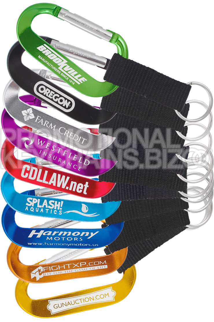 A collection of promotional carabiners in various colors with attached straps, each featuring a different logo / branding element.