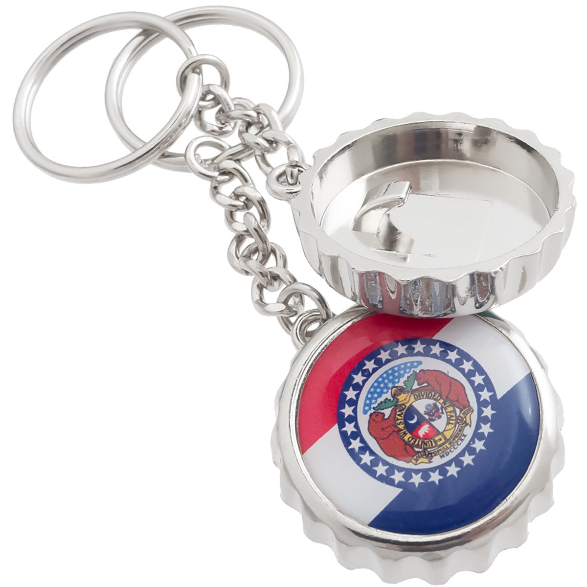 Example of Bottle Cap Bottle Opener Keychain. Example shows full color imprint of a logo on the top and the bottle opener hook on the bottom. Also includes the linked chain and key ring attachment.
