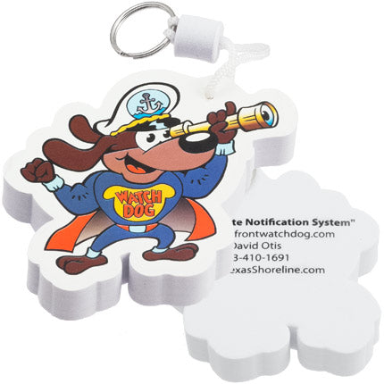 The front and back of a full color foam floating keychain featuring a cartoon dog in a captain's hat and superhero cape, holding a telescope, labeled "WATCH DOG." The contact information for Waterfront Watchdog is printed in black on the back.