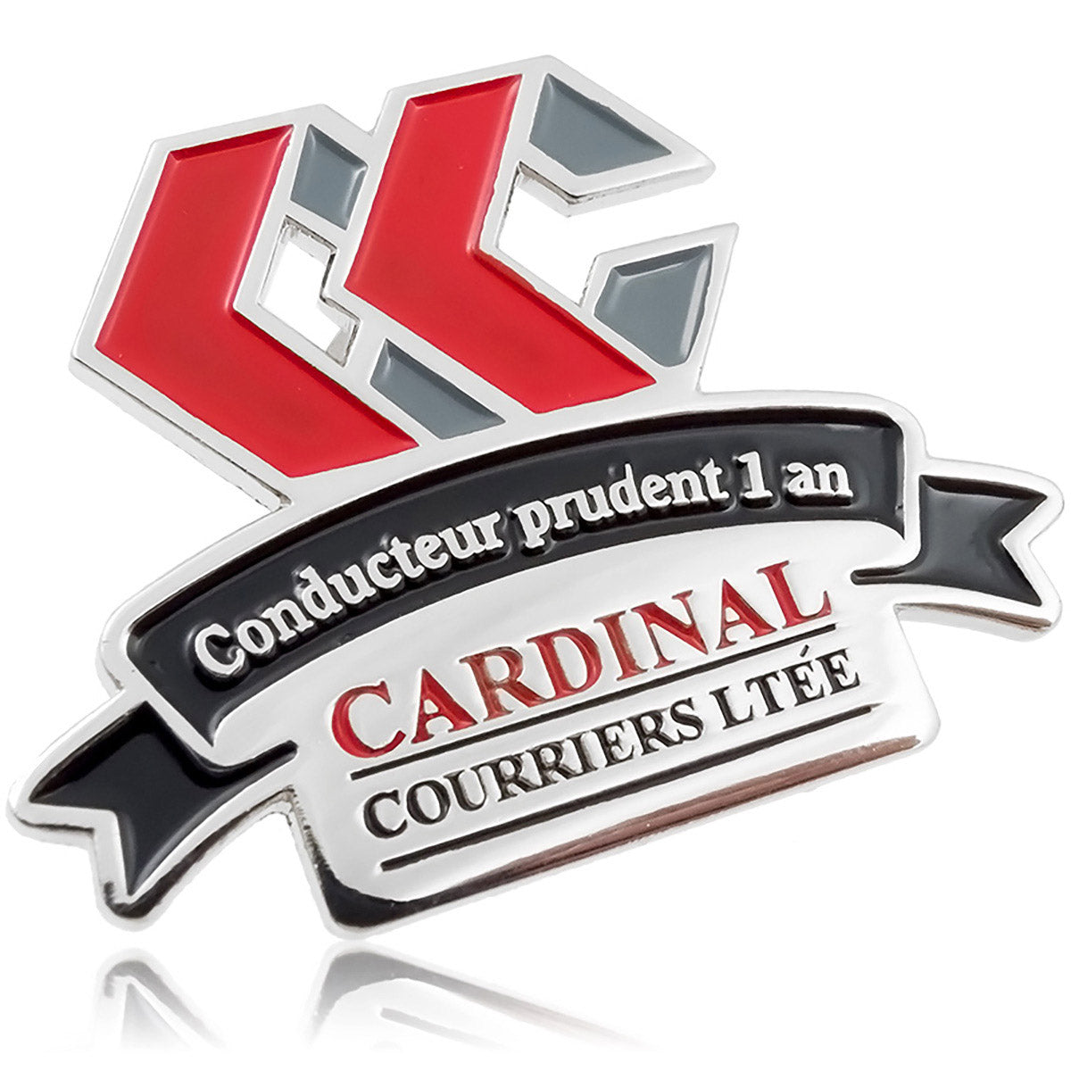 Image of Value Series Classic Die Struck lapel pin that have nickel plating and multiple soft enamel colors, custom shaped to a logo design.