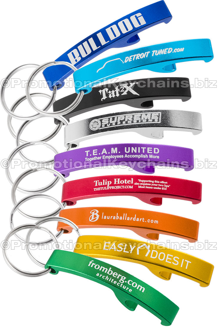 Multiple Lasered Arc Keychain Bottle Opener showing different colors and engraving designs. Colors royal blue, aqua, black, silver, purple, red, orange, gold and green.