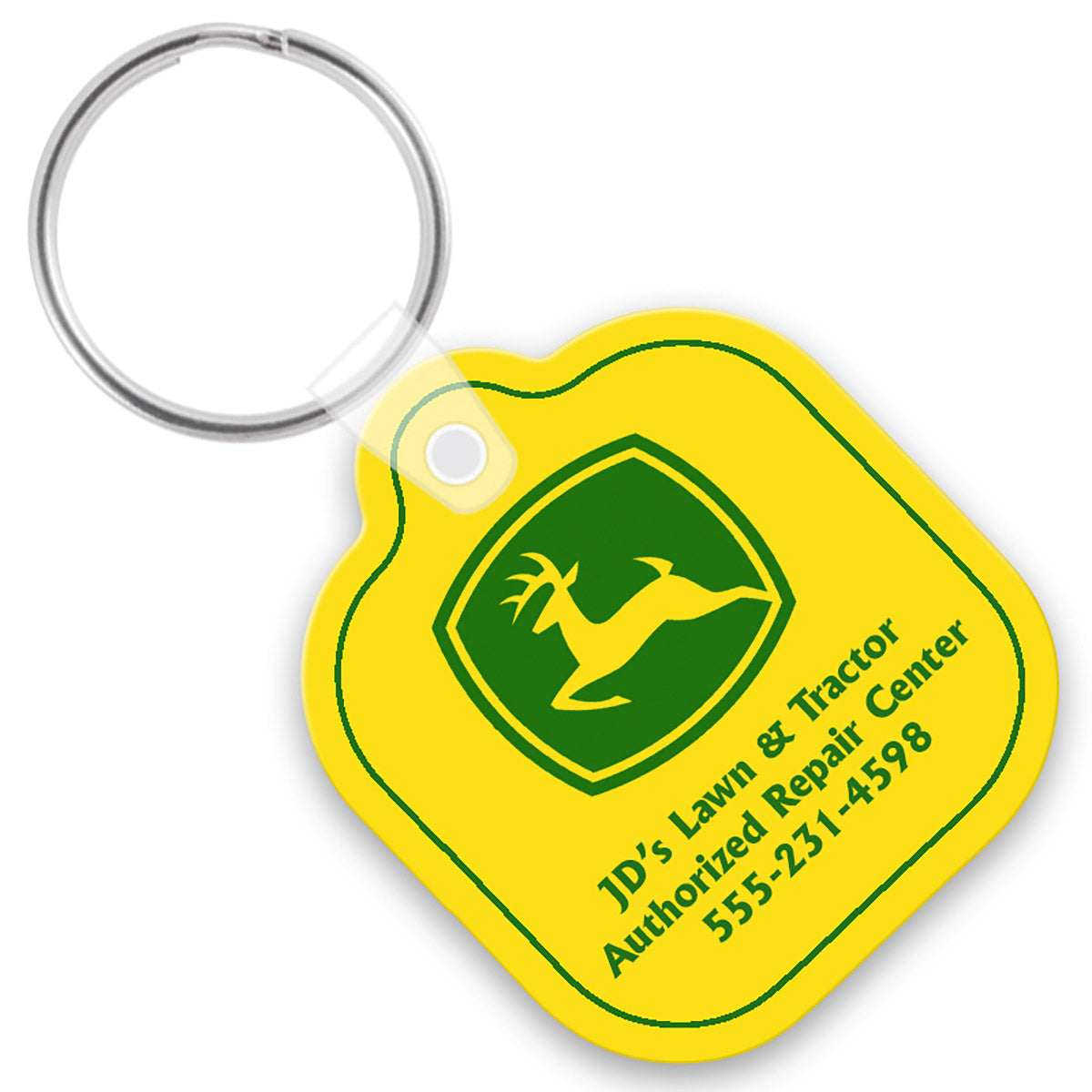Yellow keychain square with tab shape and a green custom imprint
