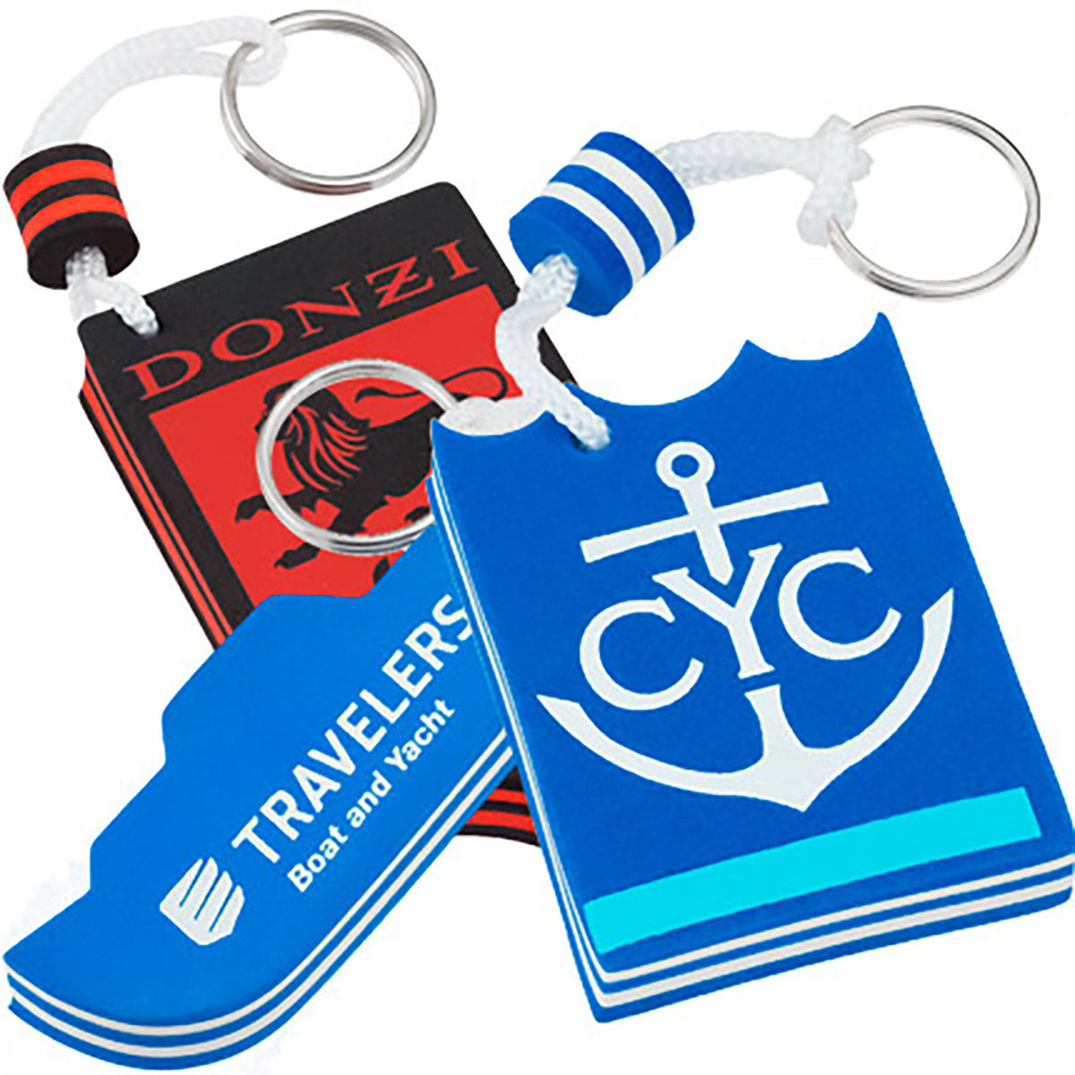 Three colorful foam floating keychains featuring logos for Donzi, Travelers Boat & Yacht, and CYC.