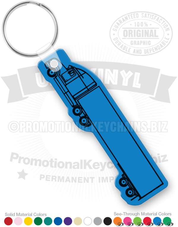 Semi Truck Vinyl Keychain in Blue and Black on a White Background