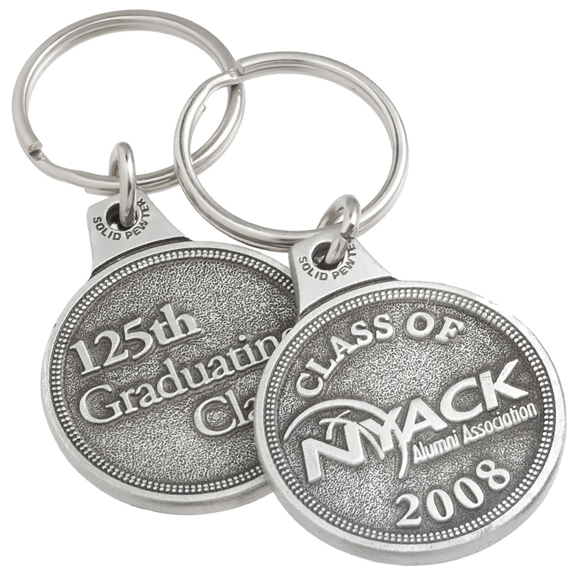 Front and back of the same genuine pewter keychain, circular in shape. It features the logo for "NYACK" embossed on the front and "125th Graduating Class" embossed on the back.