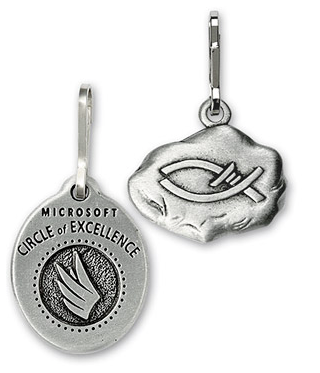 Two customized genuine pewter zipper pulls, one featuring Microsoft branding and the other featuring the ichthys symbol.