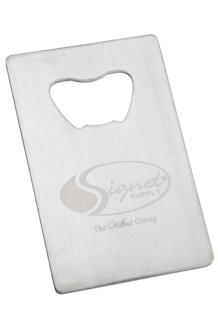 Close up example of the Credit Card Bottle Opener in Stainless Steel, with a custom logo and text engraved.