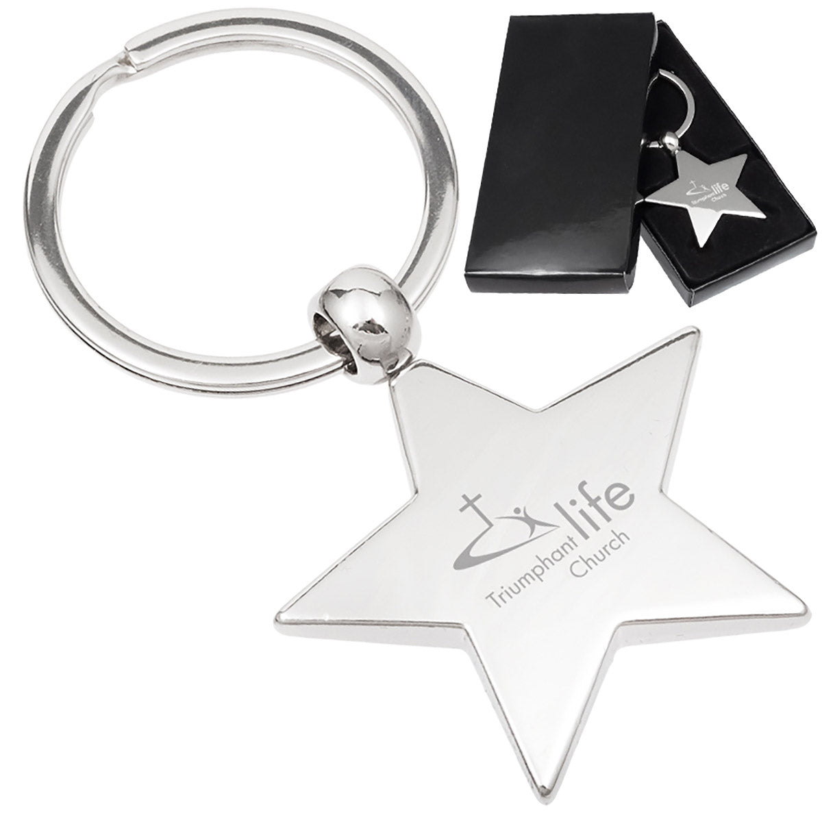 There are two images. On the right, a polished metal star-shaped keychain displayed in a black gift box. On the left is the same keychain with a logo clearly engraved in the center.
