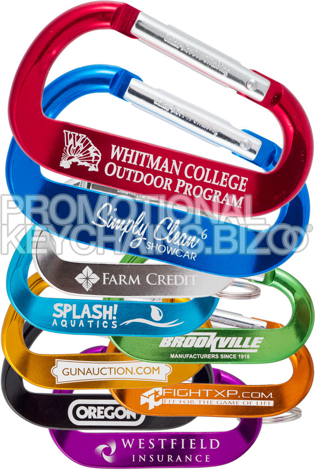 Colorful Logobeener carabiner keychains engraved with various brand logos.