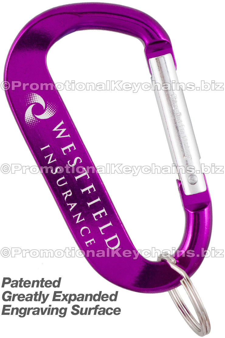 Purple Logobeener carabiner keychain engraved with brand logo.