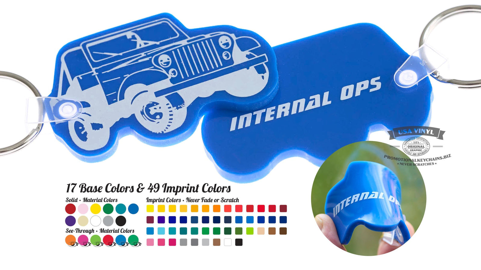  Product phot of blue USA Vinyl keychains by PromotionalKeychains.biz, with permanent fused imprints.