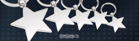Silver star keychains representing more than 1,000 five-star customer reviews for PromotionalKeychains.biz.