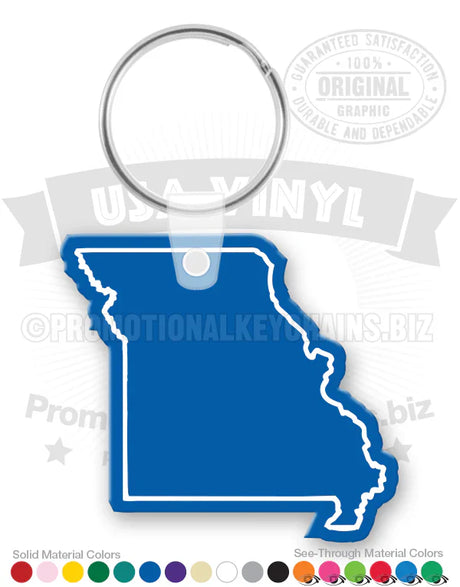 Customizable vinyl state shape keychains, blue color Missouri shaped keychain.
