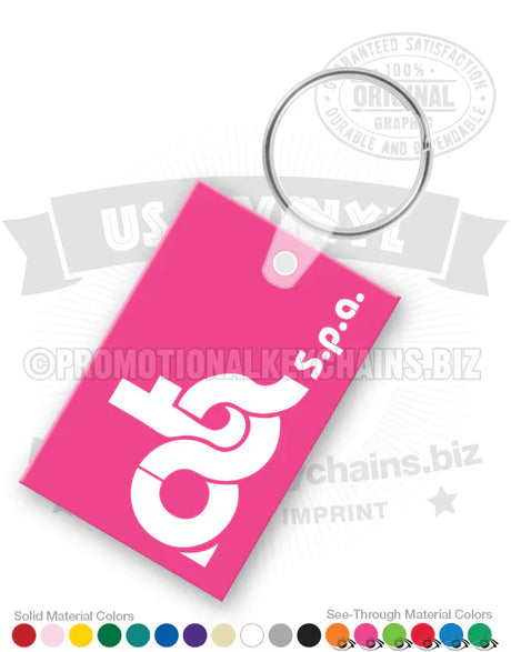 Translucent pink vinyl keychain in the shape of a rectangle with logo printed in white.