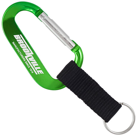 Green carabiner with nylon strap featuring a large laser engraved Brookeville logo.