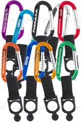 A collection of carabiner keychains in various colors including black, blue, green, orange, purple, red, and silver, all with customized engraving.