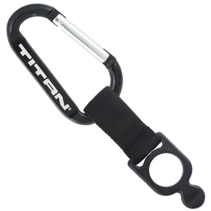 Black carabiner and nylon strap and bottle holder attachment, engraved with TITAN logo.