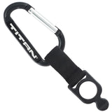 Black carabiner and nylon strap and bottle holder attachment, engraved with TITAN logo.