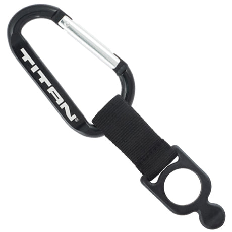 Black carabiner and nylon strap and bottle holder attachment, engraved with TITAN logo.