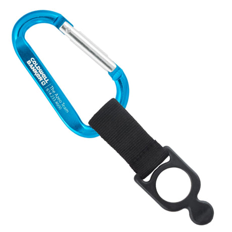 Brilliant blue colored engraved carabiner with bottle holder strap attachment