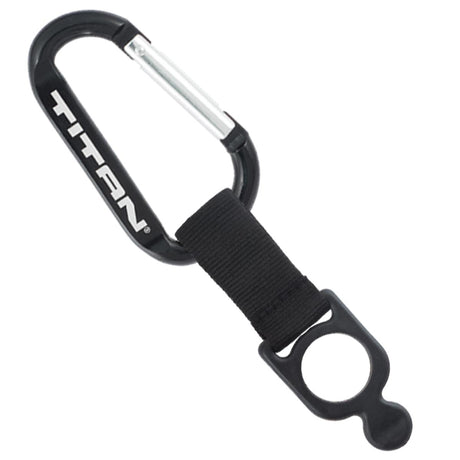 Black colored engraved carabiner with bottle holder strap attachment