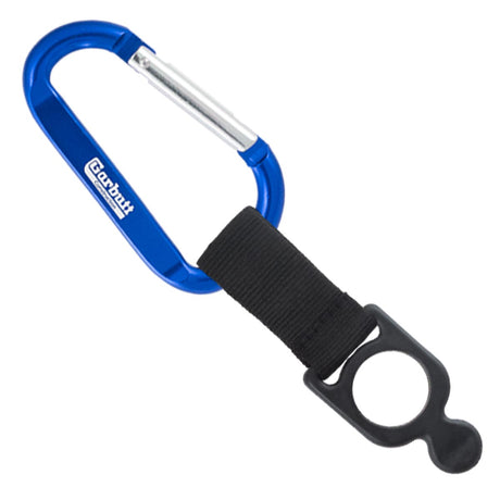 Blue colored engraved carabiner with bottle holder strap attachment