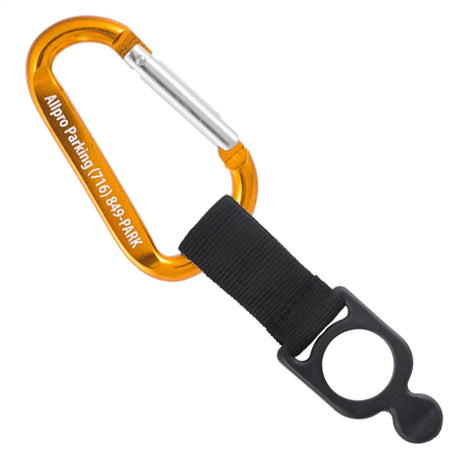 Gold colored engraved carabiner with bottle holder strap attachment