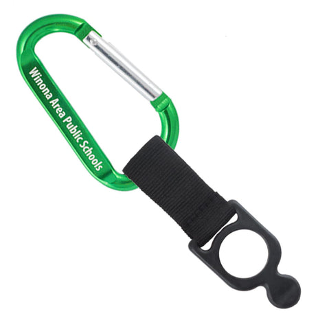 Green colored engraved carabiner with bottle holder strap attachment