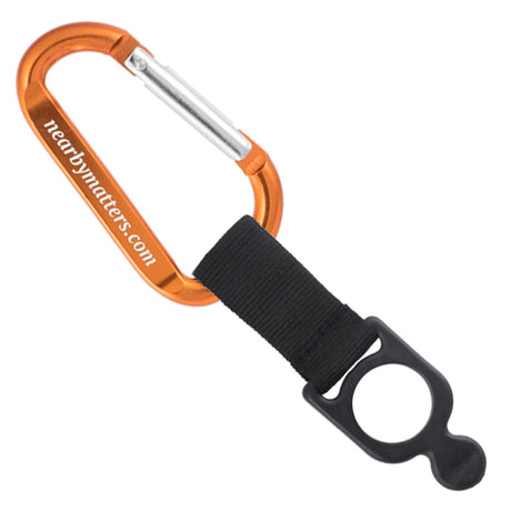 Orange colored engraved carabiner with bottle holder strap attachment