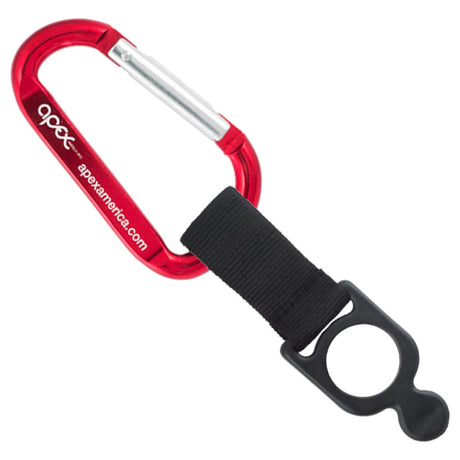 Red colored engraved carabiner with bottle holder strap attachment