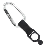 Silver colored engraved carabiner with bottle holder strap attachment