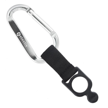 Silver colored engraved carabiner with bottle holder strap attachment