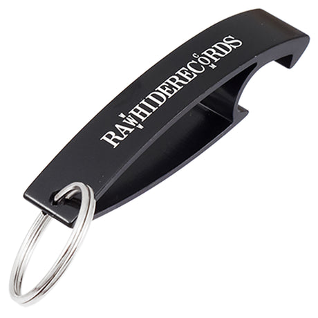 Black Aluma bottle opener keychain with custom logo engraving on top