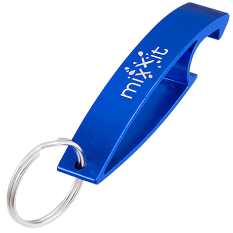 Blue Aluma bottle opener keychain with custom logo engraving on top