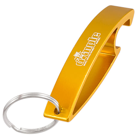 Gold Aluma bottle opener keychain with custom logo engraving on top