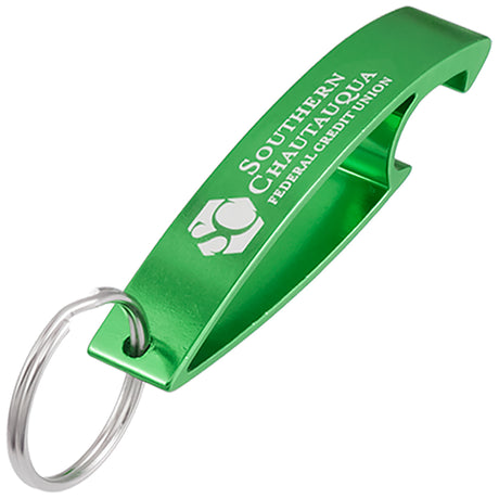 Green Aluma bottle opener keychain with custom logo engraving on top
