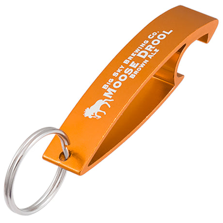 Orange Aluma bottle opener keychain with custom logo engraving on top