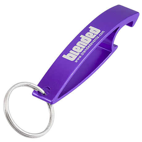 Purple Aluma bottle opener keychain with custom logo engraving on top